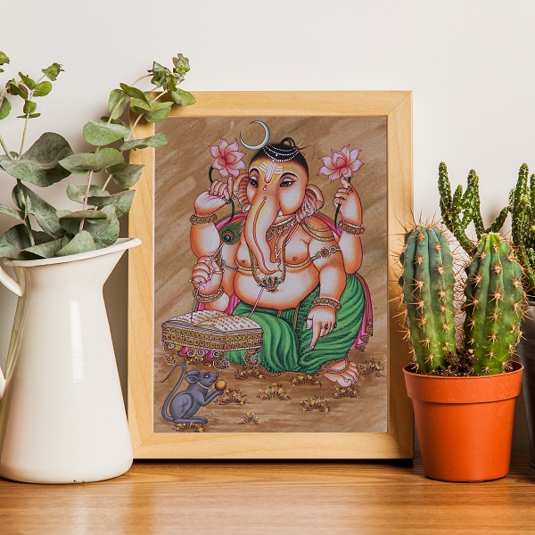 Vidya Ganesha Writing Sacred Scripture Divine Painting – Traditional Spiritual Wall Art (alt view)